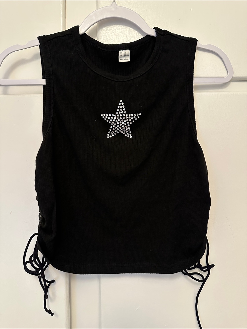 LIKE NEW Women’s Black Sleeveless Tank with Rhinestone Star and Tie Sides